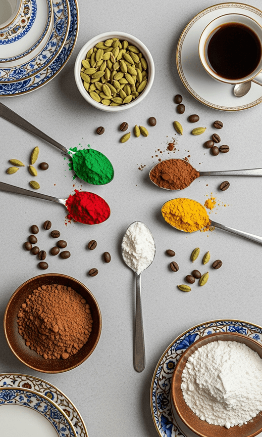 بهارات وأكواب قهوة بتصميم عربي