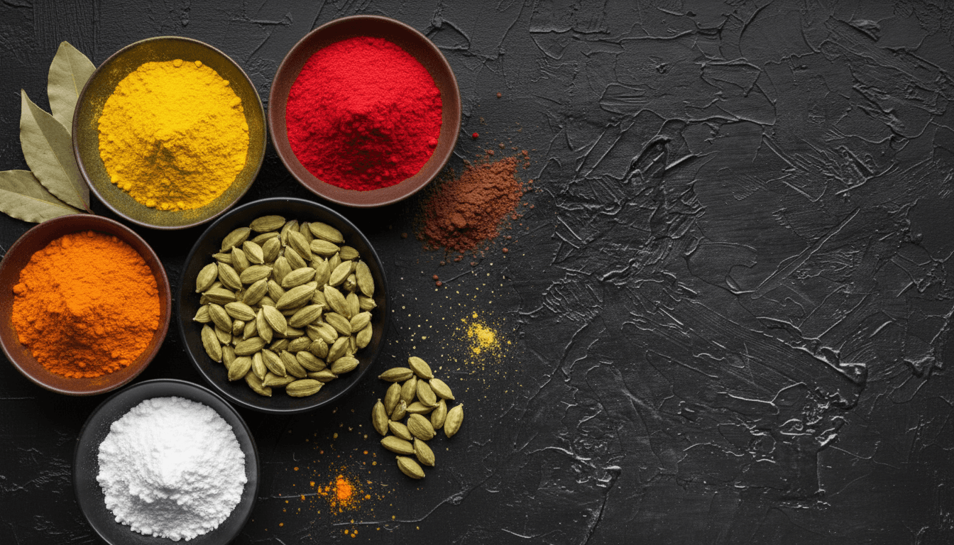 التوابل وألوان الطعام في أوعية على خلفية داكنة